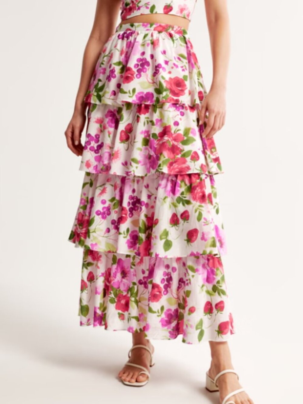 Abercrombie & Fitch White Tiered Skirt with Pink & Red Floral Print Large Tall